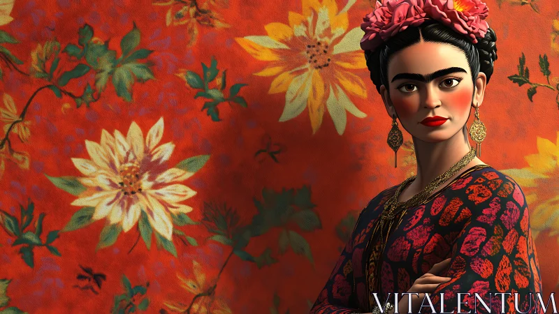 Digital portrait of floral dressed woman on vivid red backdrop.