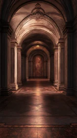 Baroque stone arcade with axial vanishing point illumination.