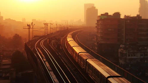 Urban metro line curves through golden atmospheric haze.