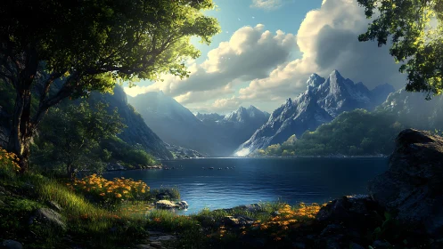 Morning light gently embraces a tranquil mountain lake