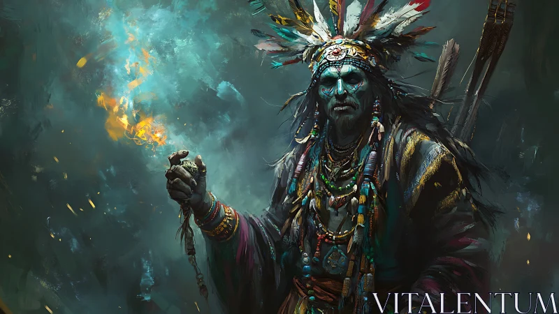 Mystic tribal shaman ignites spectral fire in stormed void.