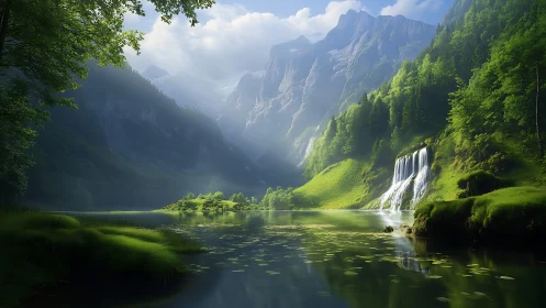 Mountain lake landscape shows waterfall, forest, and sunlight