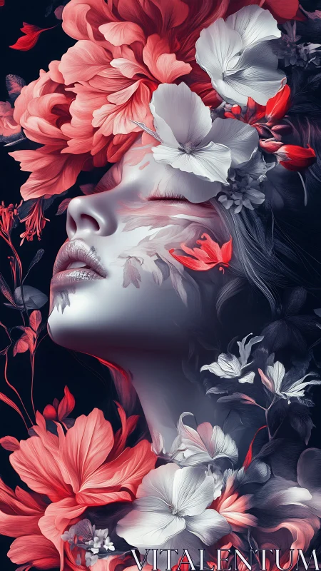 Floral crowned woman drifts into serene, dreamlike reverie