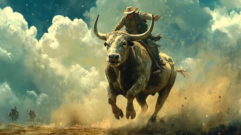 Mounted rider on charging bull amid dust and clouds.