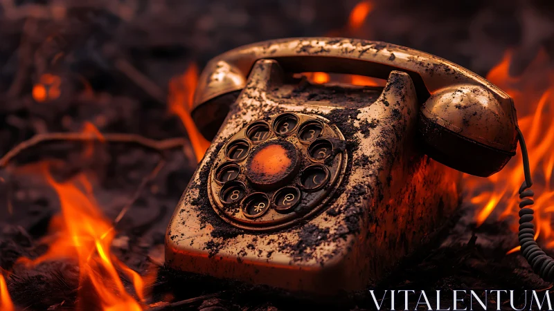 Vintage rotary phone rests in glowing flames and falling ash