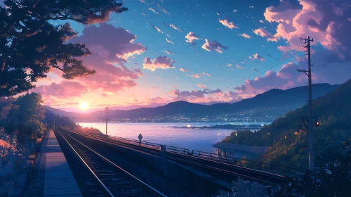 Sunset railway overlooks glowing lakeside town horizon.