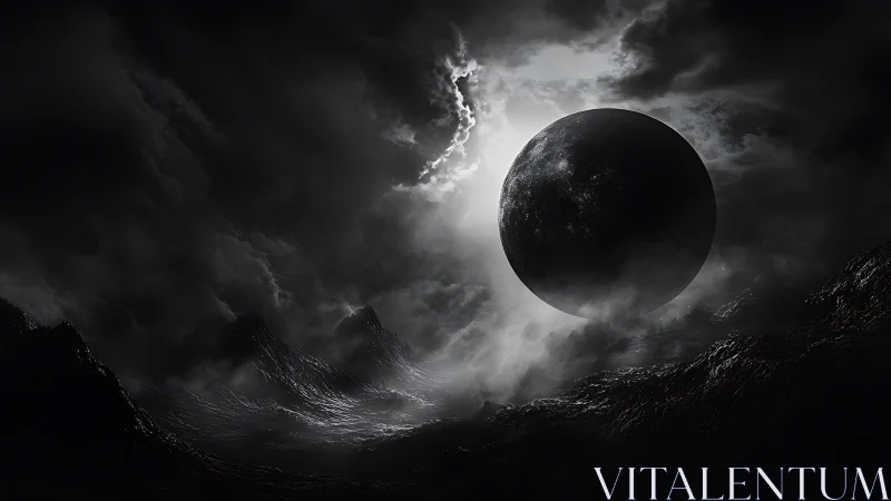 Dark planet hangs over storm-lashed alien seascape