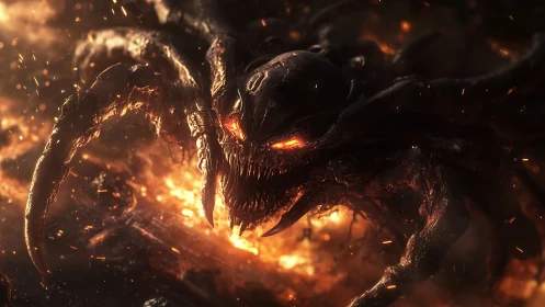 Fiery multi-limbed demon creature emerges from burning ground