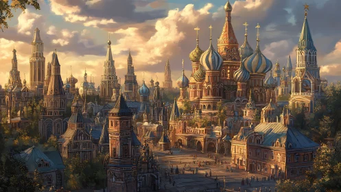 Sunlit onion domes drift like a fairytale above busy streets