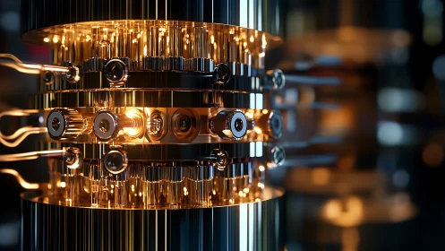 Luminous quantum processor core in polished metal chamber.