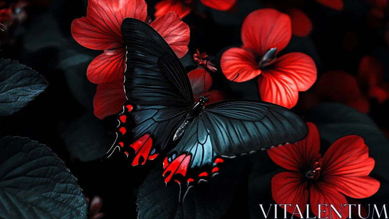 Crimson-winged butterfly poised on luminous scarlet blooms.