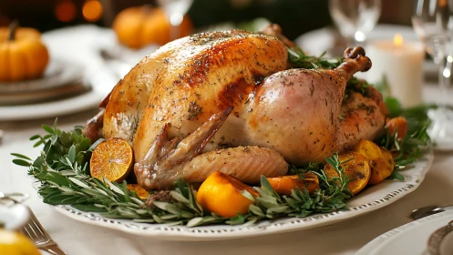 Herb roasted holiday turkey with citrus and candlelight glow.