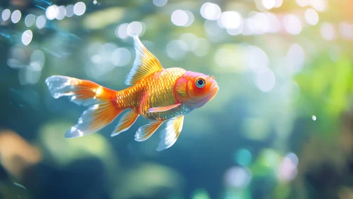 Vibrant goldfish glides through glowing aquatic bokeh.