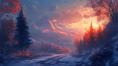 Sunlit winter valley glows beneath dramatic mountain skies