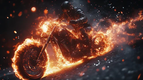 Flaming motorcycle rider rendered in dynamic photorealistic detail