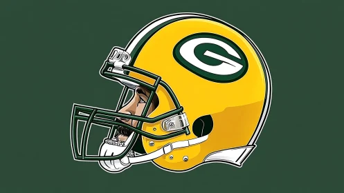 Illustrated yellow football helmet with green logo profile