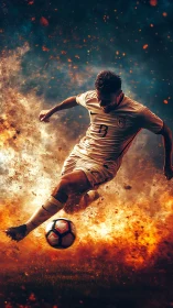 Explosive football striker in mid-kick amid fiery energy storm.