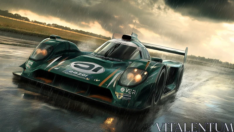 Endurance race car slices through stormlit wet racetrack