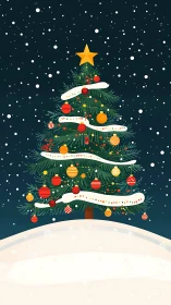 Snowy night Christmas tree glows with bright festive lights.