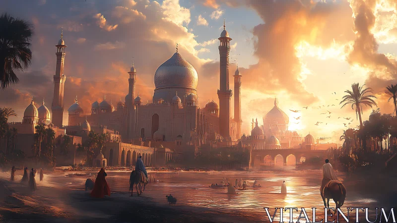 Golden river sunset around a dreaming desert palace.