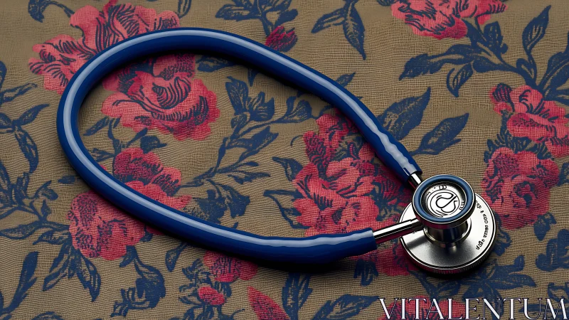 Blue stethoscope rests on textured floral medical textile.