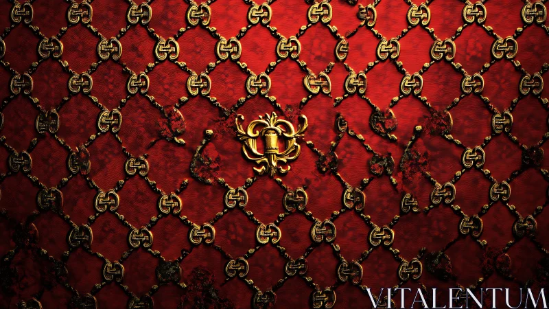 Golden lock and chain lattice on glowing red fabric wall.