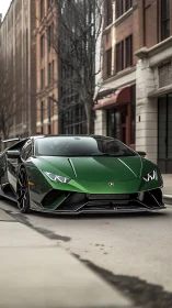 Emerald green supercar commands a quiet urban streetscape