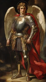 Winged armored figure stands holding sword in dramatic light
