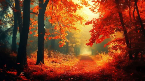 Autumn forest pathway with deciduous trees and golden light.