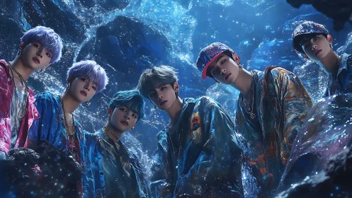Iridescent boy group portrait in crystalline blue cavern.