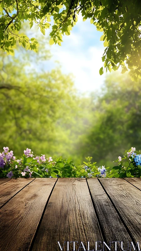 Wooden Deck Perspective with Luminous Foliage Canopy and Flowering Garden Border.