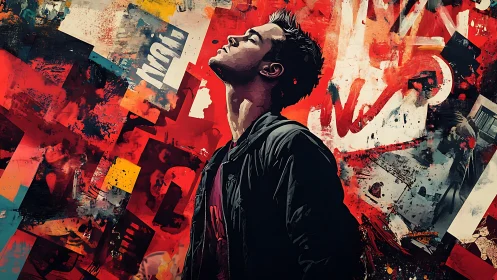 Urban portrait collides with explosive red graffiti chaos.