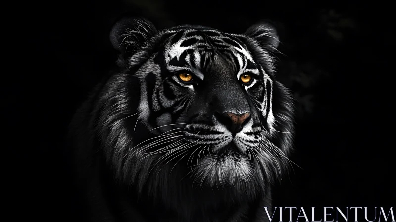 Close-up monochrome tiger portrait on black background.