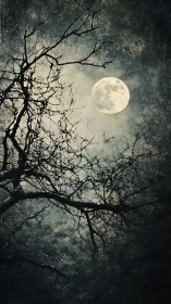 Nocturnal full moon framed by silhouetted winter branches.