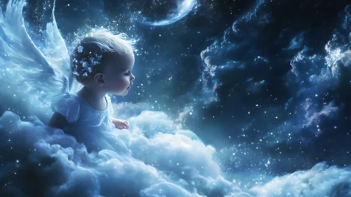 Baby angel with wings floats in luminous night sky clouds