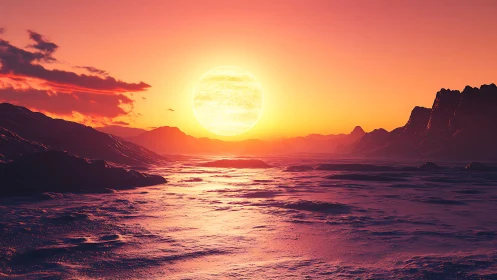 Molten horizon sun over alien frost-tide valley at dusk.