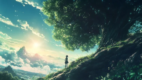 Silhouetted girl studies sunlit valley under massive tree