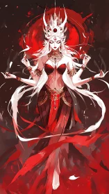 Bloodfire goddess floats within blazing crimson halo.