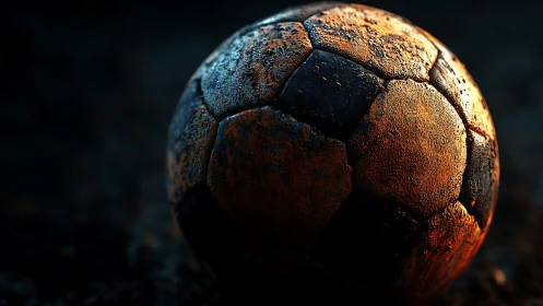 Textured low-key close-up of mud-encrusted soccer ball surface.