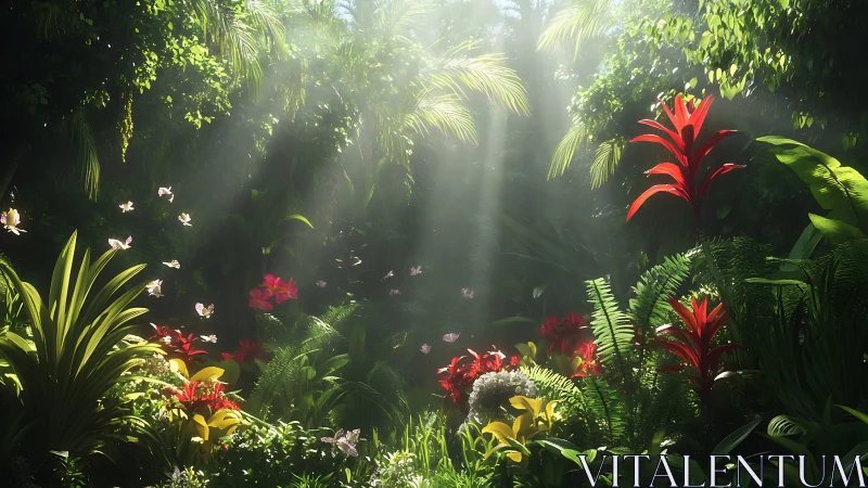 Sunlit tropical foliage with butterflies in dense jungle clearing.