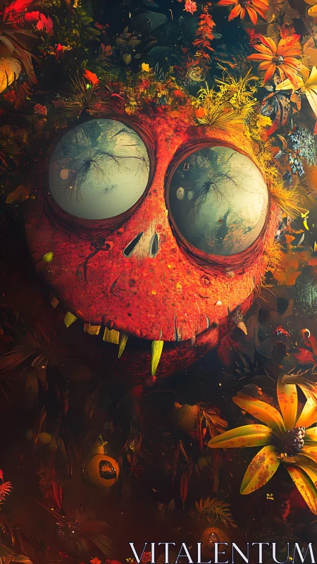 Surreal mossy skull creature with reflective bulbous eyes.