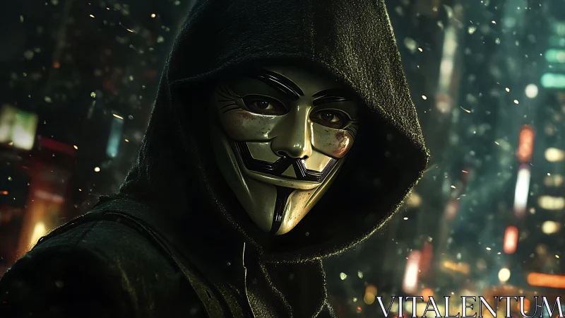 Mysterious hooded figure in glowing cyber city streets.