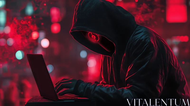 Hooded hacker silhouette on laptop in neon red city glow.