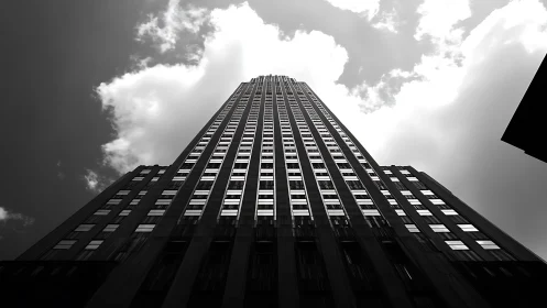 Monochrome upward view of tall office skyscraper facade.