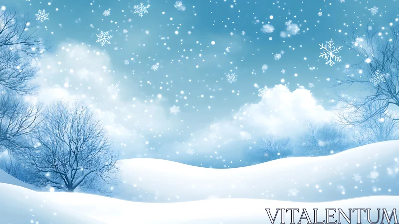 Snow covered hills and bare trees under falling snowflakes