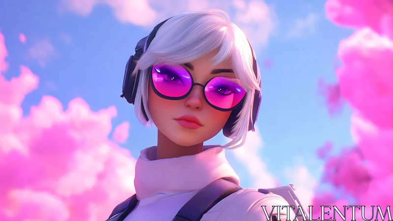 Futuristic gamer girl with pink glasses and clouds.