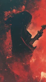 Silhouetted guitarist stands against textured red backdrop