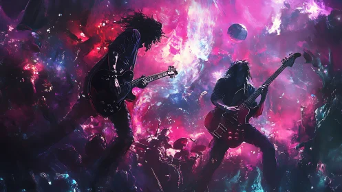 Cosmic rock guitarists ignite neon storm stagescape.
