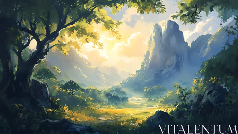 Luminous Valley Canyon with Towering Spires and Ancient Trees.