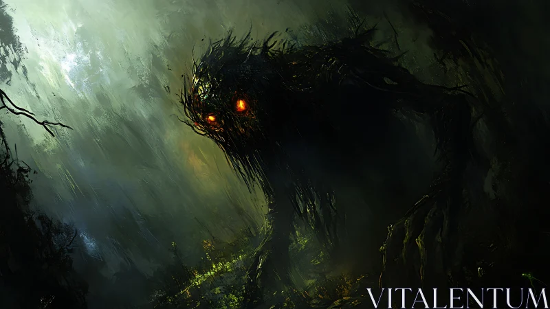 Swamp shadow creature stalks glowing forest floor at dusk